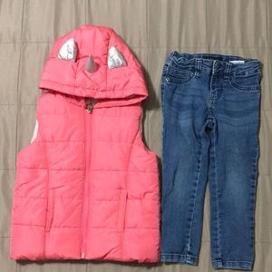 Pink Unicorn Hooded Puffer Vest and Jeans Girls 3T